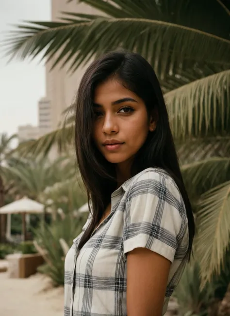 portrait of stunning sinhalese girl, wearing flannel shirt, in the mirage oasis concealed within the mirage sands, film stock ph...