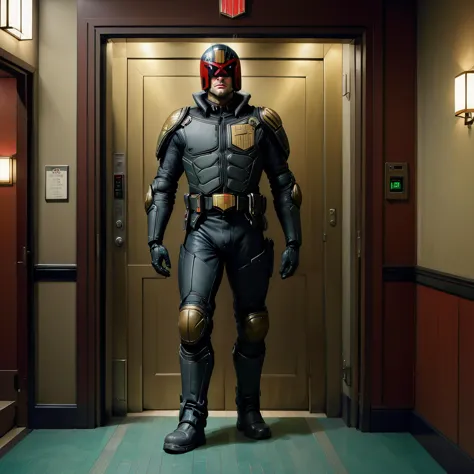 arafed man in a suit and helmet standing in a hallway