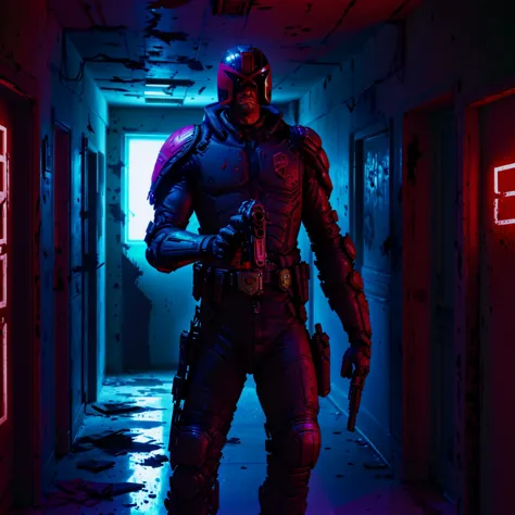 a man in a helmet and armor standing in a hallway