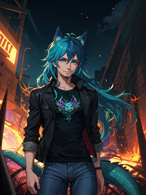 a woman with blue hair and a black jacket standing in front of a fire