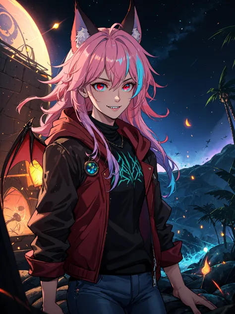 a woman with pink hair and a red jacket stands in front of a castle