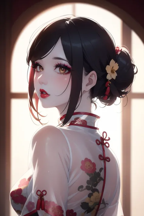 1girl,see-through,print_cheongsam,parted bangs,eyelashes,window,makeup,blurry background,swept bangs,sunlight,single hair bun,lipstick,backlighting,realistic,red lips,mascara,
<lora:lbc_ST_print_cheongsam:0.8>,