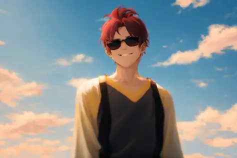 masterpiece, 1boy, red gradient hair, solo, expressionless, sky, sunglasses, smile, smug, khyle. 