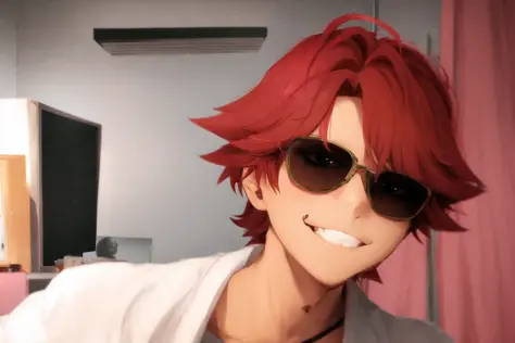 masterpiece, 1boy, red gradient hair, solo, expressionless, bedroom, computer, sunglasses on head, smile, smug, khyle. 