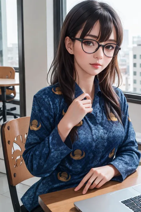 (((masterpiece))), (((best quality))),  1girl , long hair,  batik-kopri, blue shirt, form fitting, red glasses, sitting, typing, laptop, printer, looking at viewer, long sleeves,  amazing intricate finely detailed, office background, bokeh dynamic poses, dynamic angle, <lora:batik-kopri:0.8>