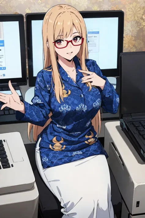 anime character sitting in front of two computer monitors with one pointing at the screen