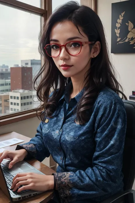 a woman in glasses is typing on a laptop in front of a window