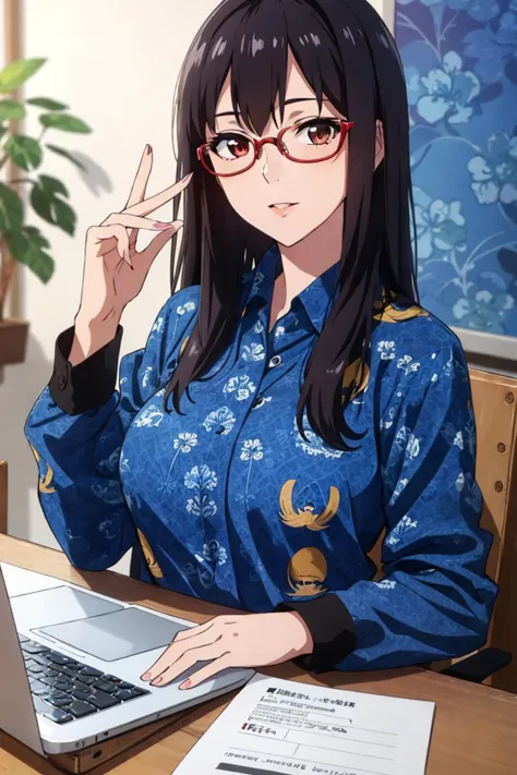 anime girl with glasses sitting at a table with a laptop