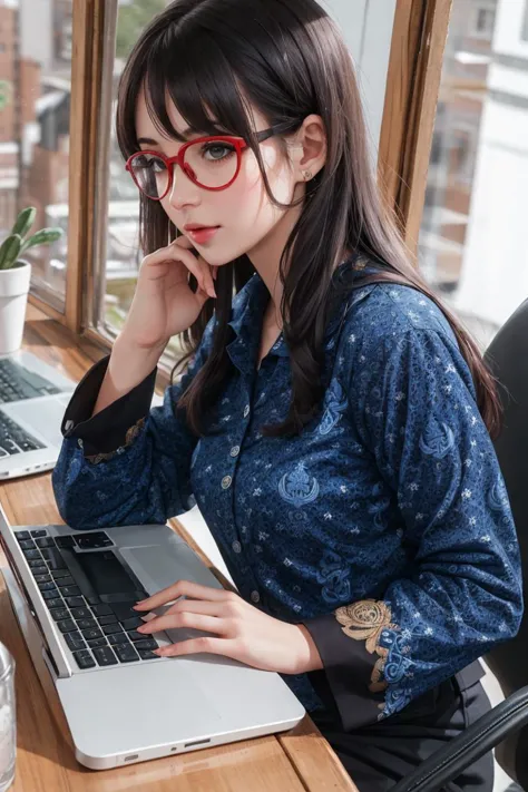 (((masterpiece))), (((best quality))),  1girl , long hair,  batik-kopri, blue shirt, form fitting, red glasses, sitting, typing, laptop, printer, looking at viewer, long sleeves,  amazing intricate finely detailed, office background, bokeh dynamic poses, dynamic angle, <lora:batik-kopri:0.8>