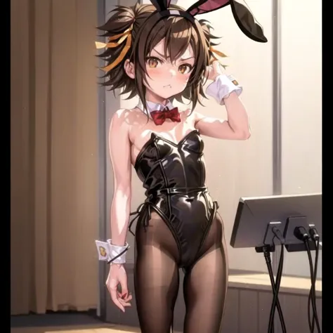 anime girl in bunny ears and a black bodysuit posing