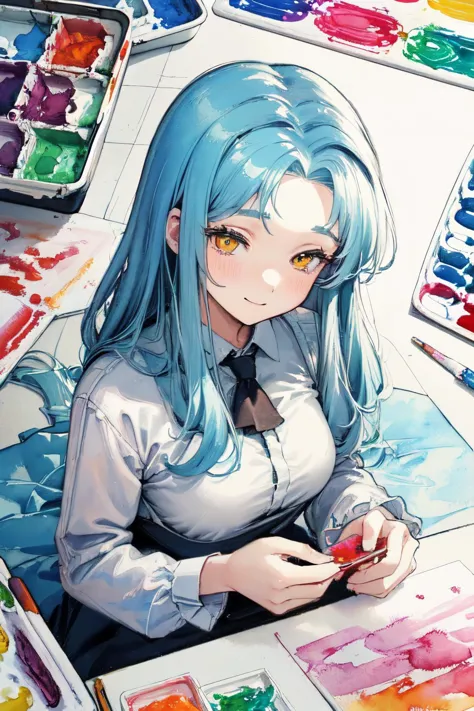 anime girl with blue hair sitting at a table with watercolors