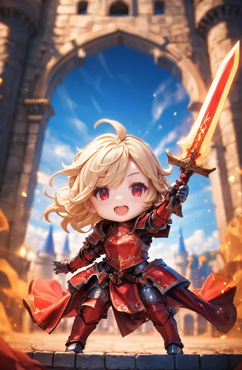 amazing quality, masterpiece, best quality, hyper detailed, ultra detailed, UHD, HDR, DOF, depth of field, 
female knight, detail eyes, silver eyes, blond hair, shiny eyes, ornate red armor, holding sword, glowing sword, castle, gorgeous sky, shiny dust, wind blows, dynamic and vivid  colors, fascinating,
Chibi Knight,
action shot,
extremely detailed,