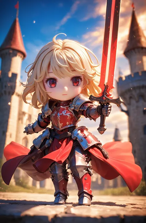 amazing quality, masterpiece, best quality, hyper detailed, ultra detailed, UHD, HDR, DOF, depth of field, 
female knight, detail eyes, silver eyes, blond hair, shiny eyes, ornate red armor, holding sword, glowing sword, castle, gorgeous sky, shiny dust, wind blows, dynamic and vivid  colors, fascinating,
Chibi Knight,
action shot,
extremely detailed,