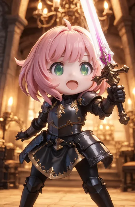 amazing quality, masterpiece, best quality, hyper detailed, ultra detailed, UHD, HDR, DOF, depth of field,
female knight, ornate (black hybrid gold) armor, detail eyes, opened mouth, holding sword, glowing sword, in castle, chandelier, shiny dust,
Chibi Knight,
Anya,bangs, green eyes, pink hair, female child, anya (spy x family),hairpods, child,
action shot,
extremely detailed,