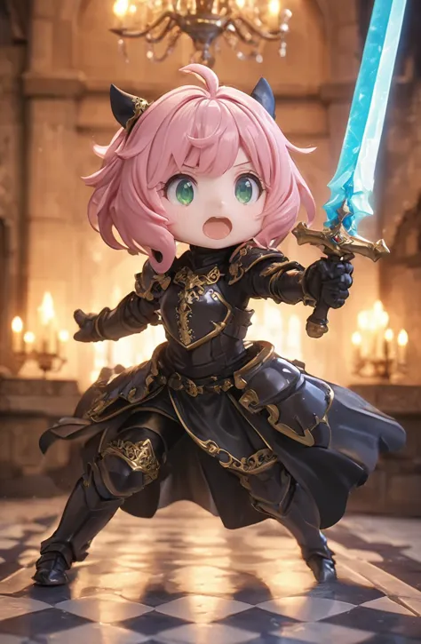 amazing quality, masterpiece, best quality, hyper detailed, ultra detailed, UHD, HDR, DOF, depth of field,
female knight, ornate (black hybrid gold) armor, detail eyes, opened mouth, holding sword, glowing sword, in castle, chandelier, shiny dust,
Chibi Knight,
Anya,bangs, green eyes, pink hair, female child, anya (spy x family),hairpods, child,
action shot,
extremely detailed,