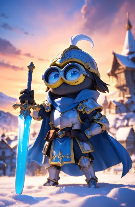 amazing quality, masterpiece, best quality, hyper detailed, ultra detailed, UHD, HDR, DOF, depth of field, wide-angle lens, detail eyes,
Minions, solo,  full body, holding sword, glowing sword, wearing ornate (yellow hybrid blue) armor, hand up, (fighting stance:1.2), cute, kawaii,
(castle | temple | forest | mountain top | city | village | wilderness | snow land), dynamic and vivid colors, fascinating, gorgeous sky, shiny dust, wind blows, 
Chibi Knight,
extremely detailed,