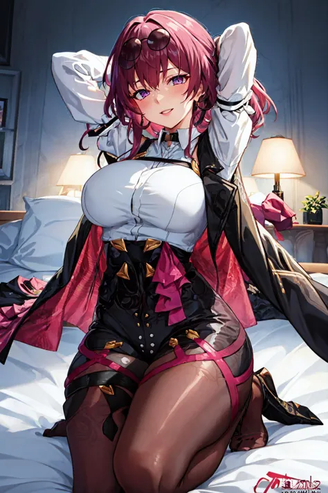 anime girl in a corset sitting on a bed with her arms behind her head