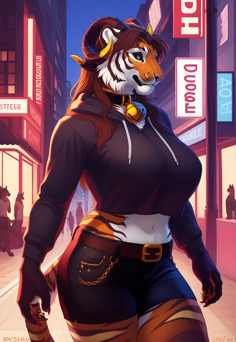 score_9, score_8, score_8_up, score_7_up, score_6_up, score_5_up, score_4_up, rating_safe,  source_furry,  detailed background, city streets at night,  demon tiger hervy,  anthro , wavy flowy hair,  detailed hands, gorgeous gray eyes with slit pupils and black sclera,  black eyeshadow,  large breasts, round bell collar, curvy figure,  jewelry and gold chains, walking dynamic angle shot, crop top hoodie, belt, tube shirt, shorts, by oouna and by spottyjaguar and by snowskau,
<lora:add_detail:1> <lora:PDXL_artist_tags_v2_big:1> <lora:hervy_PDXL:1>