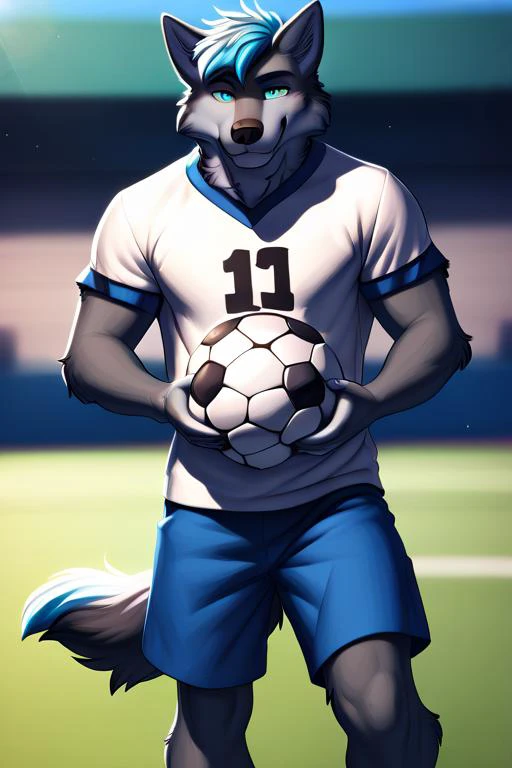 score_9, score_8_up, score_7_up, score_6_up, score_5_up, score_4_up, source furry, handsome solo male wolf at football field, hair, detailed hair, detailed football field background, interacting with background, detailed fur, full body view, white T-shirt, blue shorts, holding football (ball), wolf tail, grey fur, two-tone fur, light grey fur, front view, confident pose, detailed grass,  
by meesh,