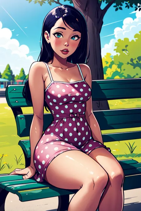 1girl, young Woman, Thick thighs, small breast,(polka dot sundress), sitting at bench in a park
 <lora:IlluminatingJabMix:0.85>