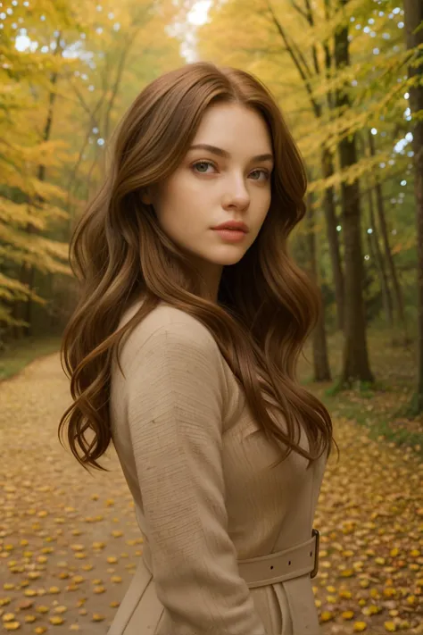 a close up of a woman in a coat standing in a forest