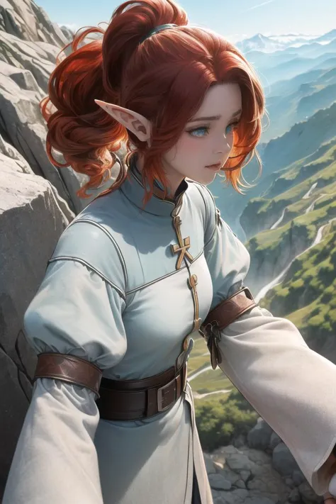 a woman with red hair and a sword standing on a rock