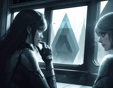 two women in futuristic clothing looking out a window at a plane