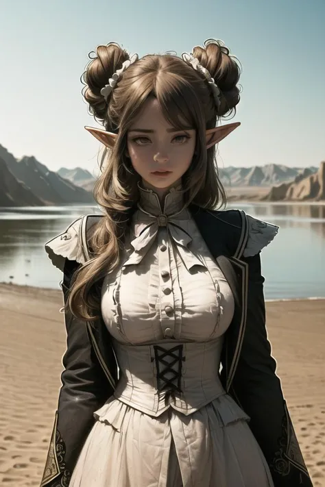 8k, 4k, intricate details, cinematic lighting, stunning environment, ornate, (realistic:1.2), detailed face, detailed eyes, detailed shadows, ((upper body)), (((smooth chin))), ((((time mage clothes)))), ((((a victorian girl,  doughnut hair bun, lightbrown hair, elf ears, white eyes)))), (((( in a desert, in front of an huge lake, beautiful landscape))))  <lora:dishwasher1910 style by goofy ai:1.6> dishwasher1910 style,  <lora:outline:1> (anime outline:0.8)