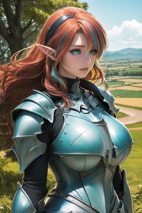 a woman in armor standing in a field with a field behind her