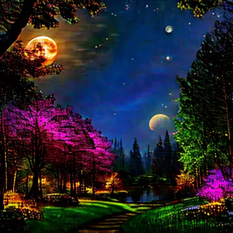 a painting of a path in a forest with a full moon