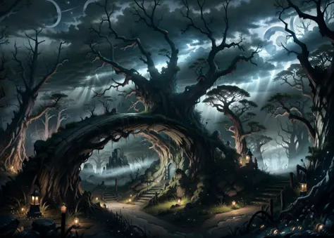 Imagine a scene in a dark fantasy realm, depicting a hair-raising forest landscape. Picture trees with hunched and twisted forms...