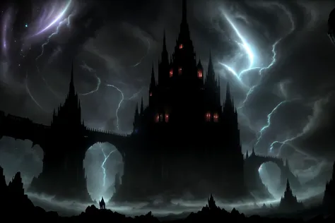 a dark castle with lightning and a sky background