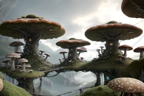 forêt magique, spores, champignon, Pont de corde, grandes maisons aux champignons, village fantastique, FanLan, BREAK webbedtech, toiles organiques floues, science-fiction, toiles d&#39;araignée, PAUSE chef-d&#39;œuvre, Meilleure qualité, maxres, beau détail, 8k, image parfaite