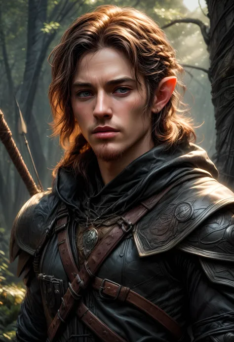 a close up of a person in a leather outfit in a forest