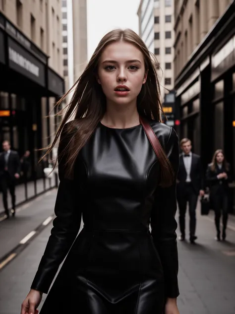 arafed woman in a black leather dress walking down a city street