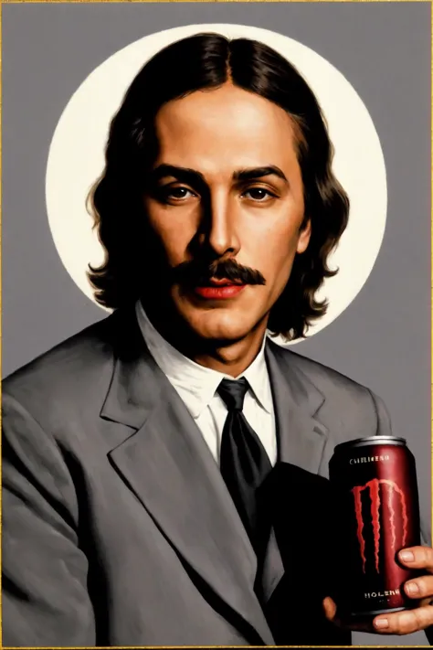 a painting of a man in a suit holding a can of soda