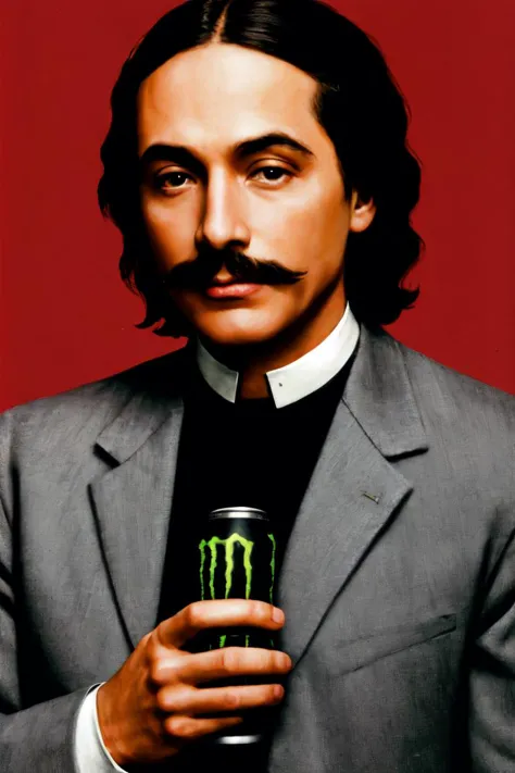 ((cathedral)),full portrait,<lora:Christ_Living_lora-fp32-no-ema-clip-fix:0.6>,Jesus Christ,Charlie Chaplin's mustache,gray jacket,white shirt,red patch on the shoulder,<lora:HoldingMonsterEnergy:0.7>,HoldingMonsterEnergy,