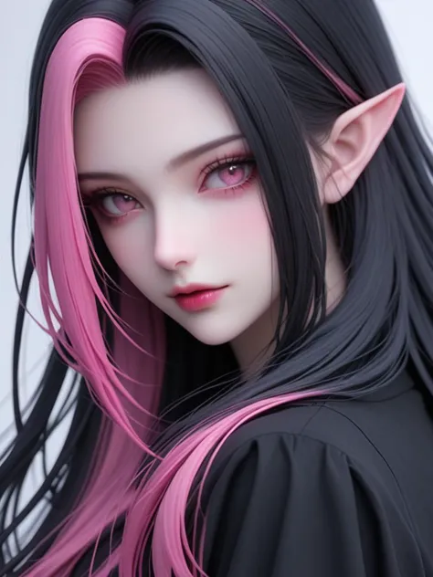 <lora:Draculaura1.0:1> draculaura, multicolored hair, pink hair, long hair, solo, black hair, streaked hair, two-tone hair, pink eyes, pointy ears,  <lora:threeviews:1>