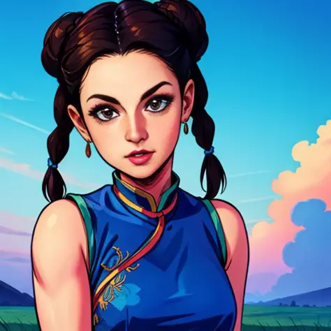 PaiChan, twin braids with blue ribbons, brown eyes, double bun,black hair, solo , 
PaiAti,blue Chinese clothes, red sash, pants, sleeveless,
blue sky, cloudy, dusk, grassland,
(insanely detailed, beautiful detailed face, masterpiece, best quality)   