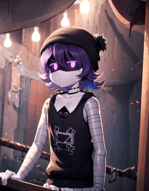 anime girl with purple hair and a black top standing in front of a wooden fence