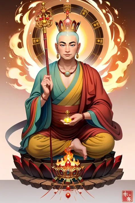 Ksitigarbha Bodhisattva,digital painting of a monk,lotus flower,qilin dragon,holding staff,glowing beads in his hand, halo around his neck,crown, mist,fire, volcano, hell  <lyco:Ksitigarbha:0.7>