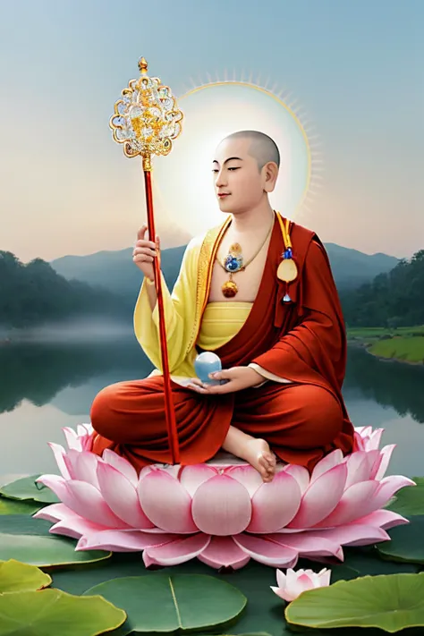 Ksitigarbha Bodhisattva,digital painting of a monk sitting on lotus flower,holding staff,glowing beads in his hand, halo around his neck,crown, mist,cloud, lotus pond <lyco:Ksitigarbha:0.8>