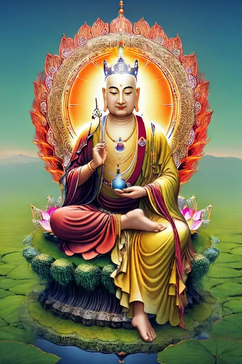 a statue of buddha sitting on a lotus flower in a field