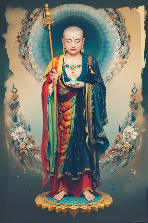 a painting of a buddha with a staff and a flower