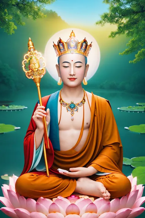 a buddha statue sitting on top of a lotus flower