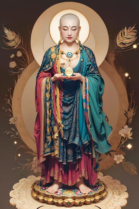 a statue of a woman with a gold necklace and a blue robe