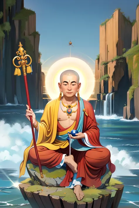 Ksitigarbha Bodhisattva,painting of a monk sitting on rock,holding staff,glowing beads in his hand, halo around his neck <lyco:Ksitigarbha:0.7>