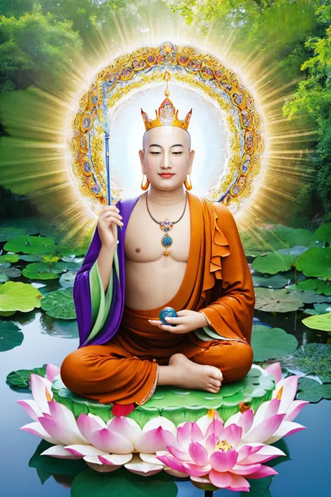 a buddha statue sitting on top of a lotus flower in a pond