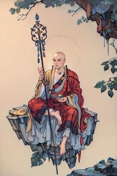 a painting of a man sitting on a ledge with a staff