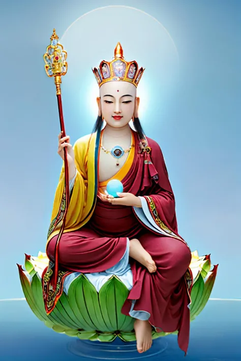 Ksitigarbha Bodhisattva,digital painting of a monk sitting on lotus flower,holding staff,glowing beads in his hand, halo around his neck,crown, mist,cloud, lotus pond <lyco:Ksitigarbha:0.8>